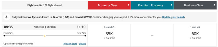 Aeroplan Praemienflug Singapore Airlines Business Class Frankfurt New York