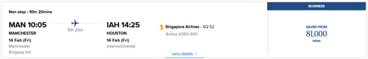Krisflyer Praemienflug Singapore Airlines Business Class Manchester Houston