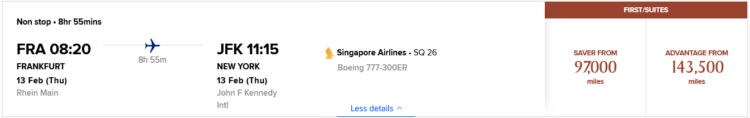 Krisflyer Praemienflug Singapore Airlines First Class Frankfurt New York