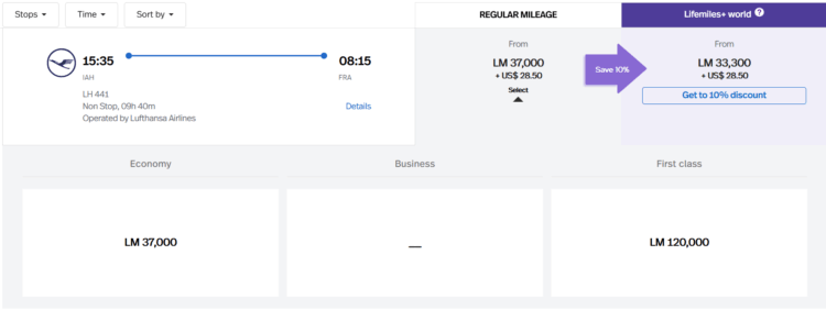 Lifemiles Praemienflug Lufthansa First Class Houston Frankfurt