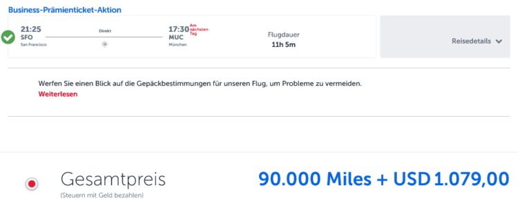 Miles Smiles Praemienflug Lufthansa Business Class San Francisco Muenchen
