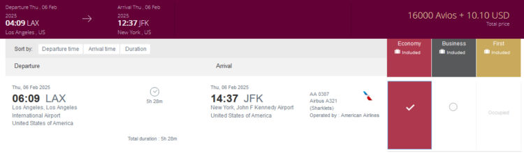 Privilege Club Praemienflug American Airlines Economy Class Los Angeles New York