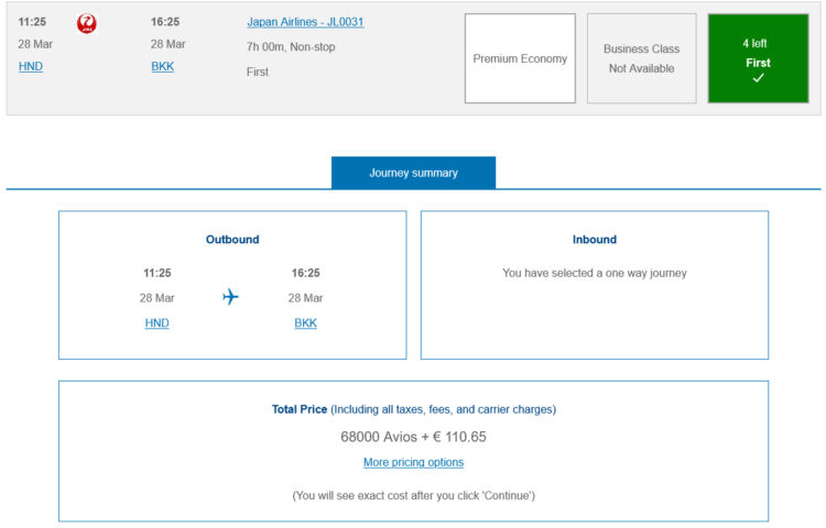 British Airways Club Praemienflug Japan Airlines First Class Tokio Bangkok