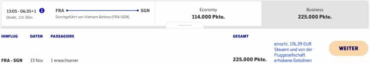 Eurobonus Vietnam Airlines Fra–sgn Business, 225.000 Punkte Buchung