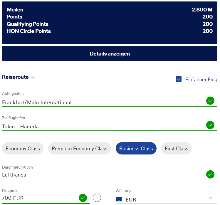 Miles And More Meilenrechner Schnelle Berechnung Beispiel Lufthansa Business Class Frankfurt Tokio Haneda