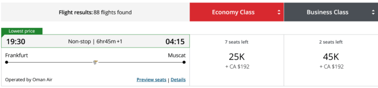Aeroplan Mileage Plan Praemienflug Oman Air Business Class Frankfurt Muscat