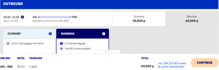 Eurobonus Praemienflug China Airlines Business Class Auckland Brisbane