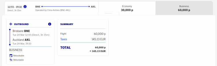 Eurobonus Praemienflug China Airlines Business Class Brisbane Auckland