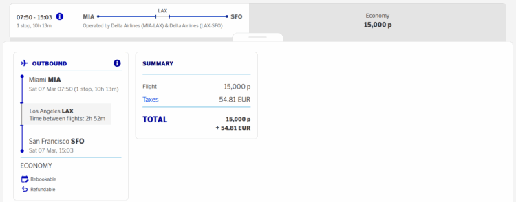 Eurobonus Praemienflug Delta Economy Class Miami San Francisco