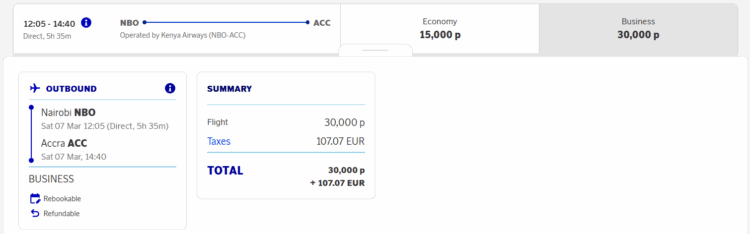 Eurobonus Praemienflug Kenya Airways Business Class Nairobi Accra