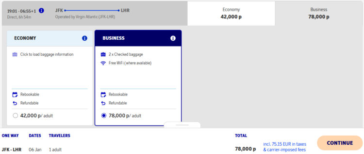 Eurobonus Praemienflug Virgin Atlantic Business Class New York London