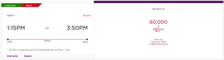 Flying Club Praemienflug Sas Business Class Kopenhagen Boston