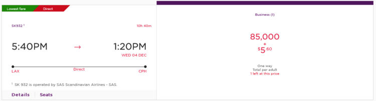 Flying Club Praemienflug Sas Business Class Los Angeles Kopenhagen