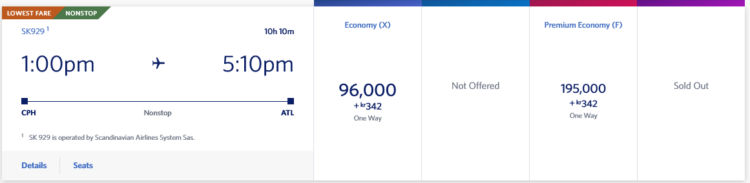 Skymiles Praemienflug Sas Economy Class Kopenhagen Atlanta