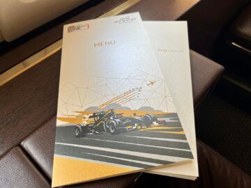 Etihad First Class Apartment A380 Menue Formel 1