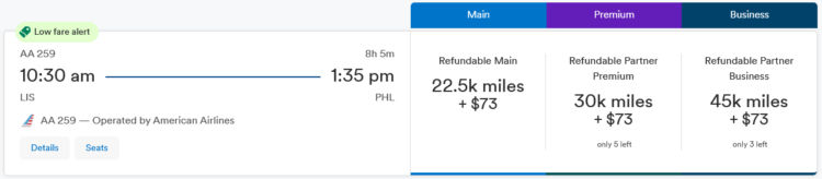 Mileage Plan Praemienflug American Airlines Business Class Lissabon Philadelphia