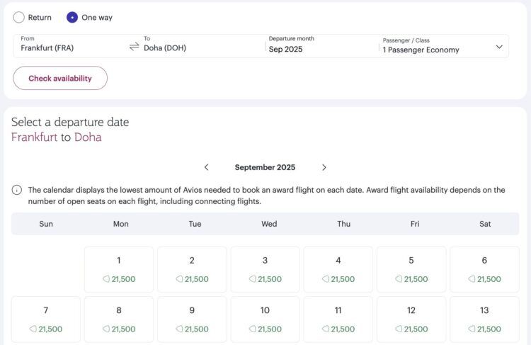 Qatar Airways Privilege Club Award Flight Finder Kalenderanssicht Economy Class Frankfurt Doha