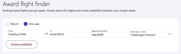 Qatar Airways Privilege Club Award Flight Finder Suchmaske
