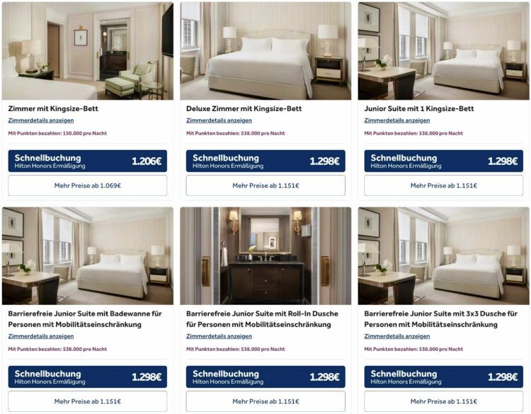 Waldorf Astoria New York Hilton Punkte Januar 2026 Zimmer Kategorien