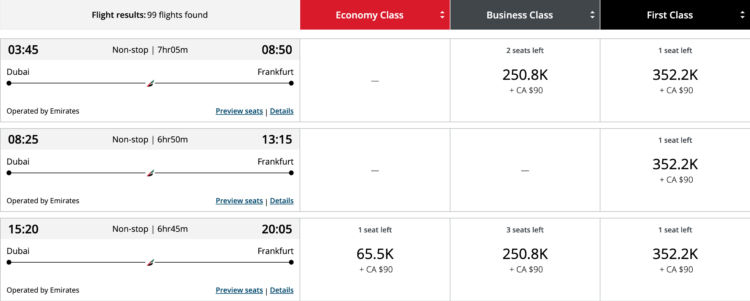 Aeroplan Emirates Buchung Frankfurt Dubai Mai 2025 Screenshot