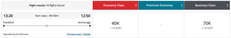 Aeroplan Praemienflug Discover Business Class Frankfurt Anchorage