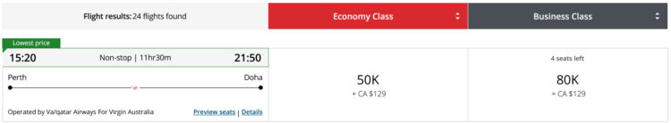 Aeroplan Praemienflug Virgin Australia Business Class Perth Doha