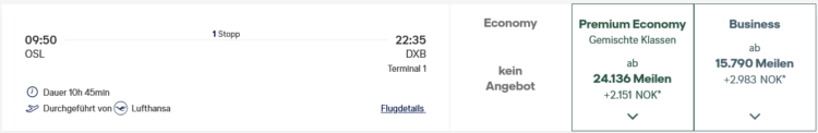 Miles And More Praemienflug Lufthansa Business Class Oslo Dubai