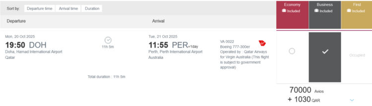 Privilege Club Praemienflug Virgin Australia Business Class Doha Perth