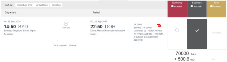 Privilege Club Praemienflug Virgin Australia Business Class Sydney Doha