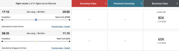 Aeroplan Praemienflug Singapore United Frankfurt New York April 2025