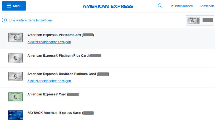 American Express Onlinekonto Kartenauswahl
