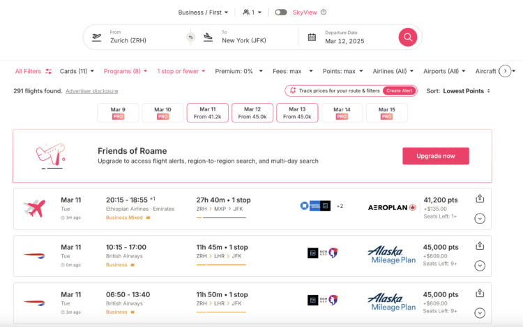Roame Livesearch Results Zrh Jfk