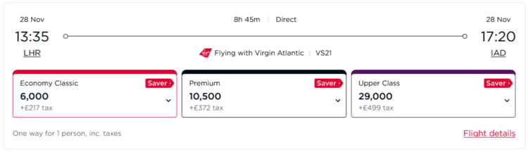 Flying Club Praemienflug Virgin Atlantic Business Class London Washington