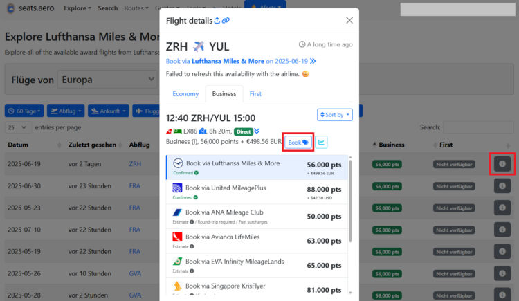 Seatsaero Bestpreis Funktion Swiss Business Class Zuerich Montreal