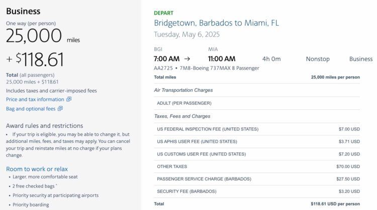 American Air Aadvantage Business Class Barbados Newyork Beispiel Flugsteuern