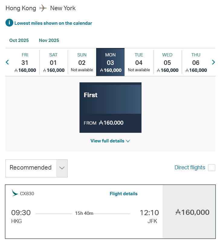 Asia Miles Cathay Pacific First Class Verfuegbarkeiten Oktober 2025