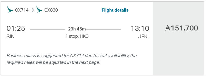 Asia Miles Praemienflug Cathay Pacific First Class Singapur Hongkong New York