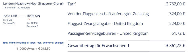 British Airways Business Class London Singapur Beispiel Flugsteuern