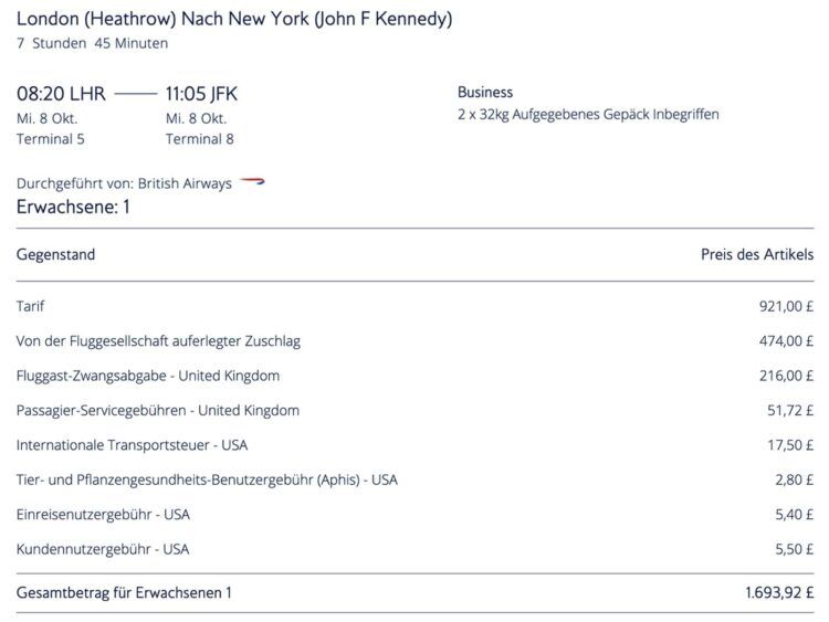 British Airways London Newyork Business Class Beispielbuchung