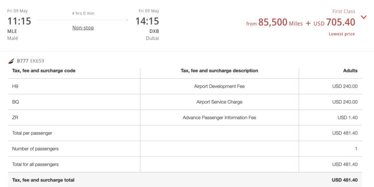 Emirates Male Dubai Flugsteuern Beispiel First Class