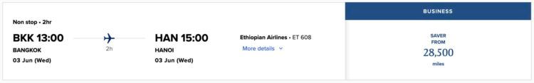 Krisflyer Praemienflug Ethiopian Airlines Business Class Bangkok Hanoi Juni 2026