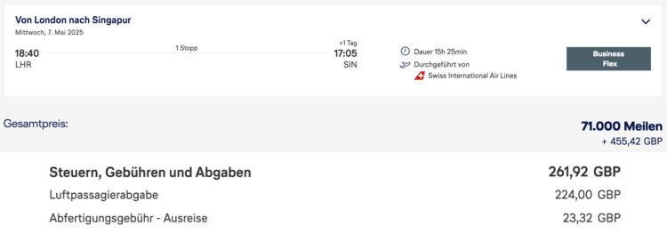 Miles And More Swiss Business Class London Singapur Beispiel Flugsteuern