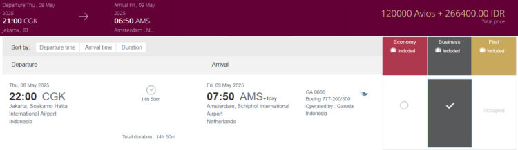 Privilege Club Praemienflug Garuda Indonesia Business Class Jakarta Amsterdam