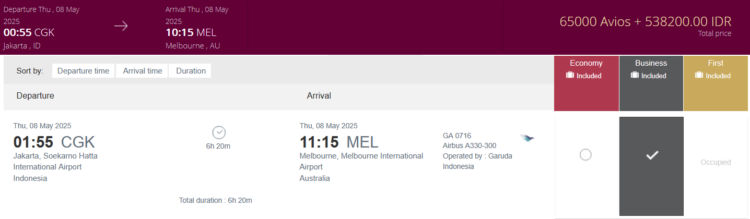 Privilege Club Praemienflug Garuda Indonesia Business Class Jakarta Melbourne