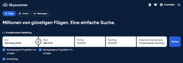 Skyscanner Alleort Suche