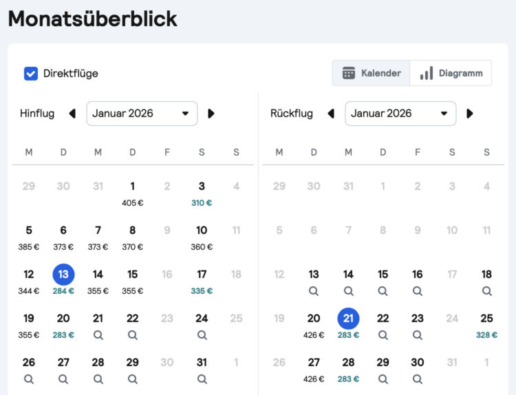 Skyscanner Monatsueberblick Hinflug Rueckflug