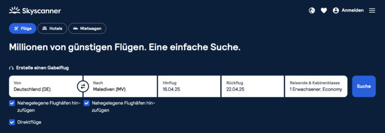 Skyscanner Suche Eingabe