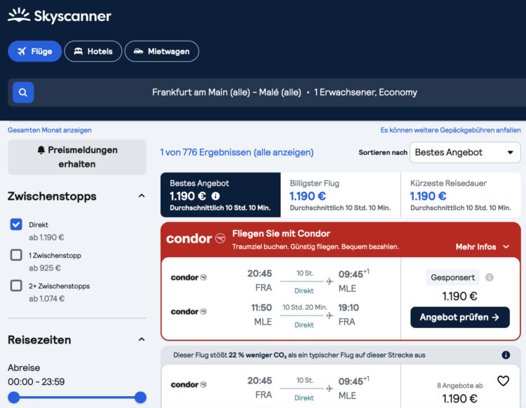 Skyscanner Suche Ergebnisliste