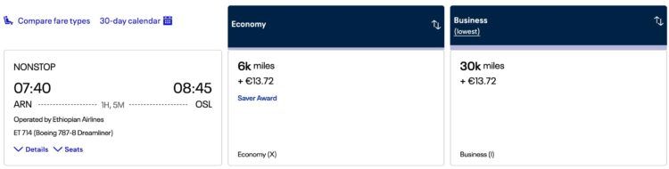 United Mileageplus Ethiopian Airlines Business Class Stockholm Oslo Juni 2026
