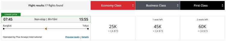 Aeroplan Praemienflug Thai Airways First Class Bangkok Tokio